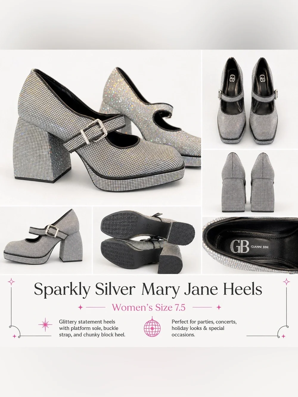Gianni Bini Silver Crystal Mary Jane Platform Heels
